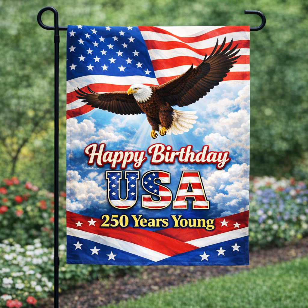 250th Anniversary Happy Birthday America Eagle SGF521 Garden Flag Double Sided Deluxe Flag 3ply 600 Denier 110 Knitted Polyester