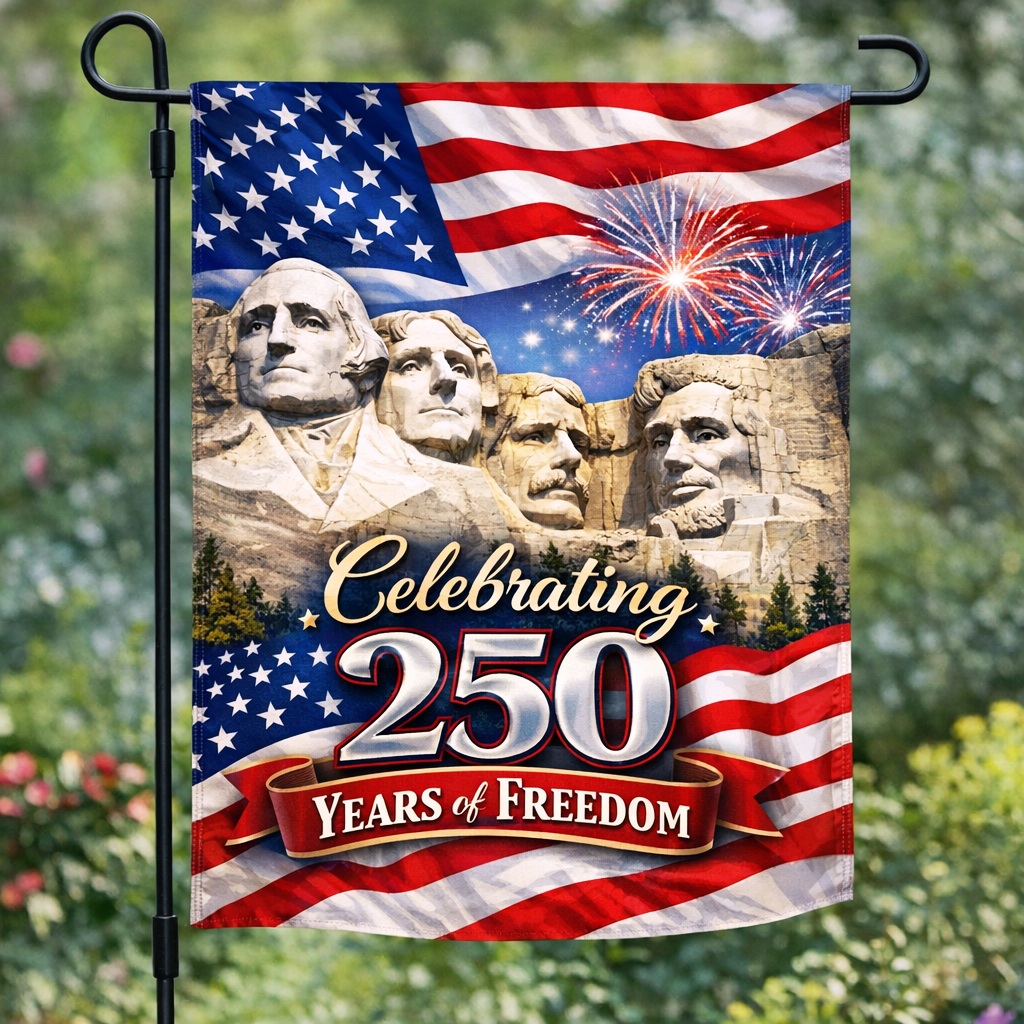 250th Anniversary Happy Birthday America Mount Rushmore SGF522 Garden Flag Double Sided Deluxe Flag 3ply 600 Denier 110 Knitted Polyester