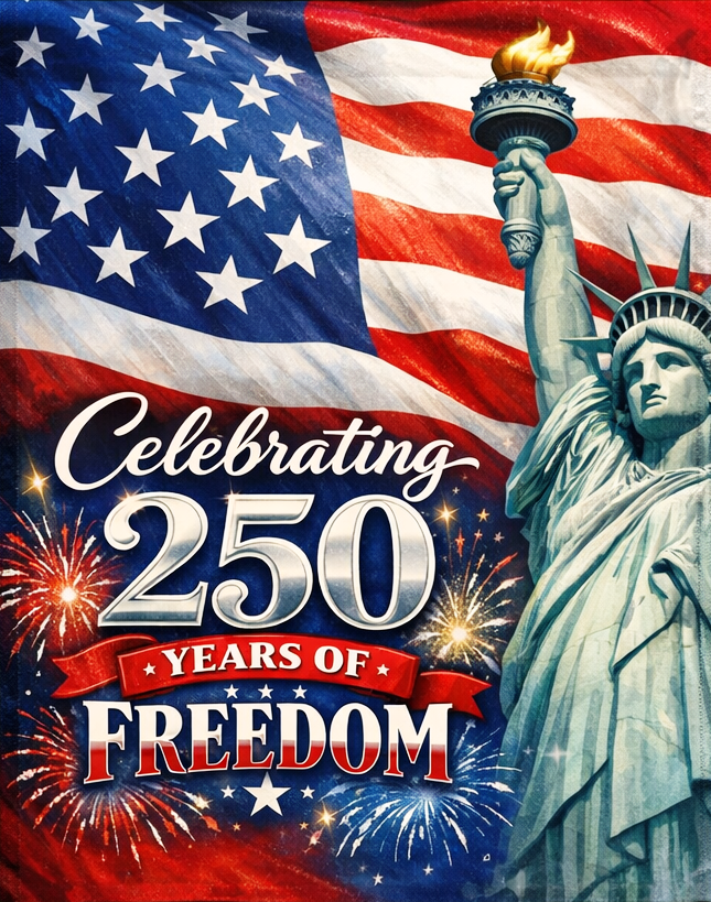 250th Anniversary Happy Birthday America Statue of Liberty Garden Flag SGF523 Double Sided Deluxe Flag 3ply 600 Denier 110 Knitted Polyester