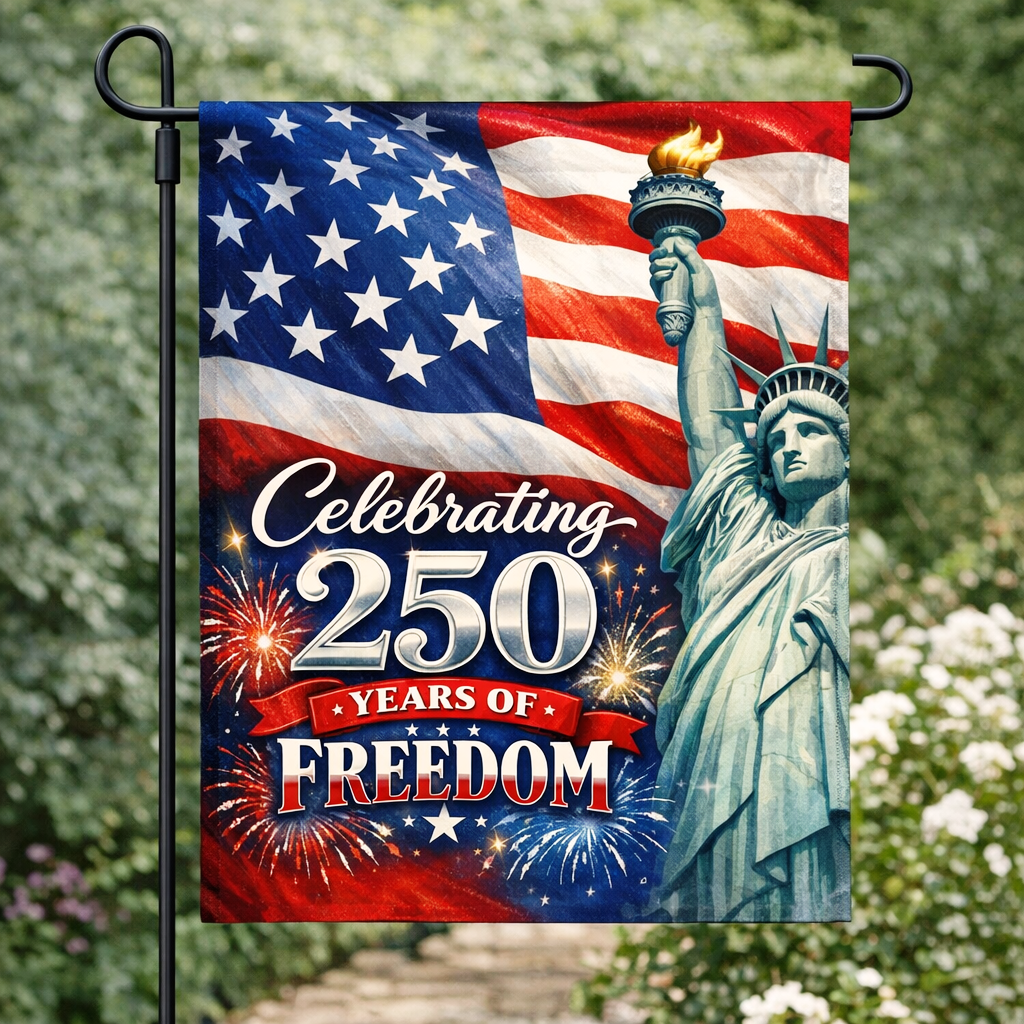 250th Anniversary Happy Birthday America Statue of Liberty Garden Flag SGF523 Double Sided Deluxe Flag 3ply 600 Denier 110 Knitted Polyester