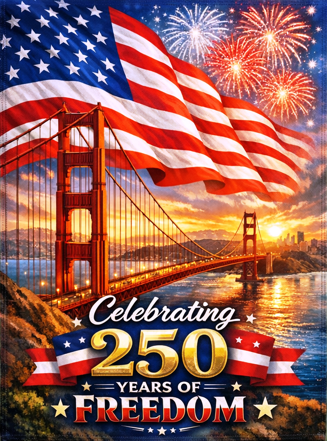 250th Birthday America Golden Gate Bridge SGF524 Garden Flag Double Sided Deluxe Flag 3ply 600 Denier 110 Knitted Polyester