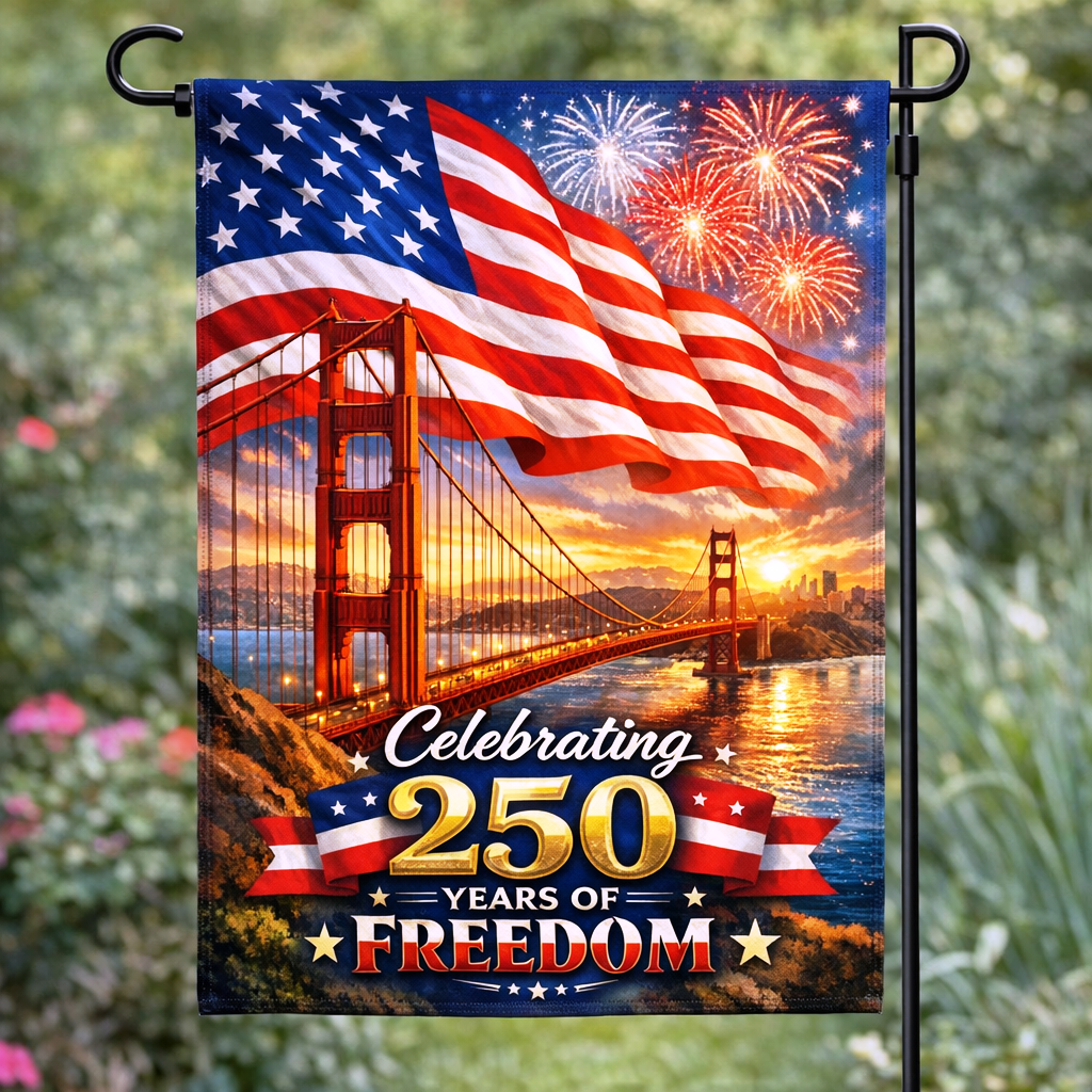 250th Birthday America Golden Gate Bridge SGF524 Garden Flag Double Sided Deluxe Flag 3ply 600 Denier 110 Knitted Polyester
