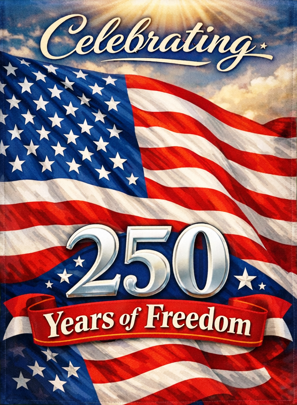 250th Anniversary Happy Birthday America USA Garden Flag SGF525  Sublimated Double Sided Deluxe Flag 3ply 600 Denier 110 Knitted Polyester