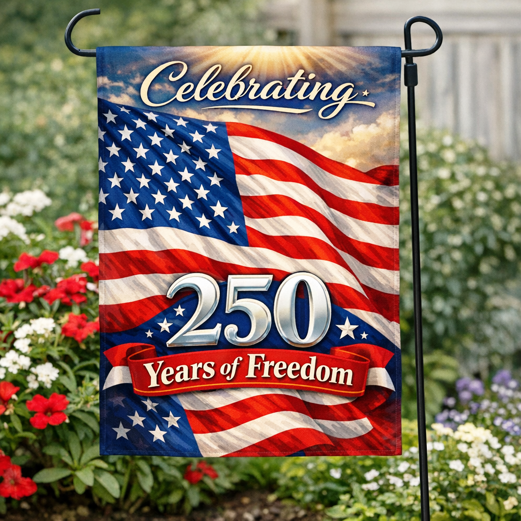 250th Anniversary Happy Birthday America USA Garden Flag SGF525  Sublimated Double Sided Deluxe Flag 3ply 600 Denier 110 Knitted Polyester