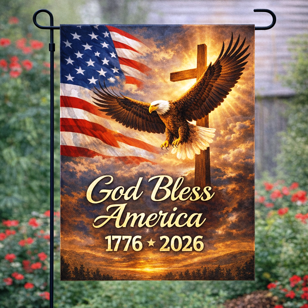 250th Anniversary God Bless America 1776 - 2026 USA Garden Flag sgf526 Double Sided Deluxe Garden Flag 3ply 600 Denier 110 Knitted Polyester SGF526