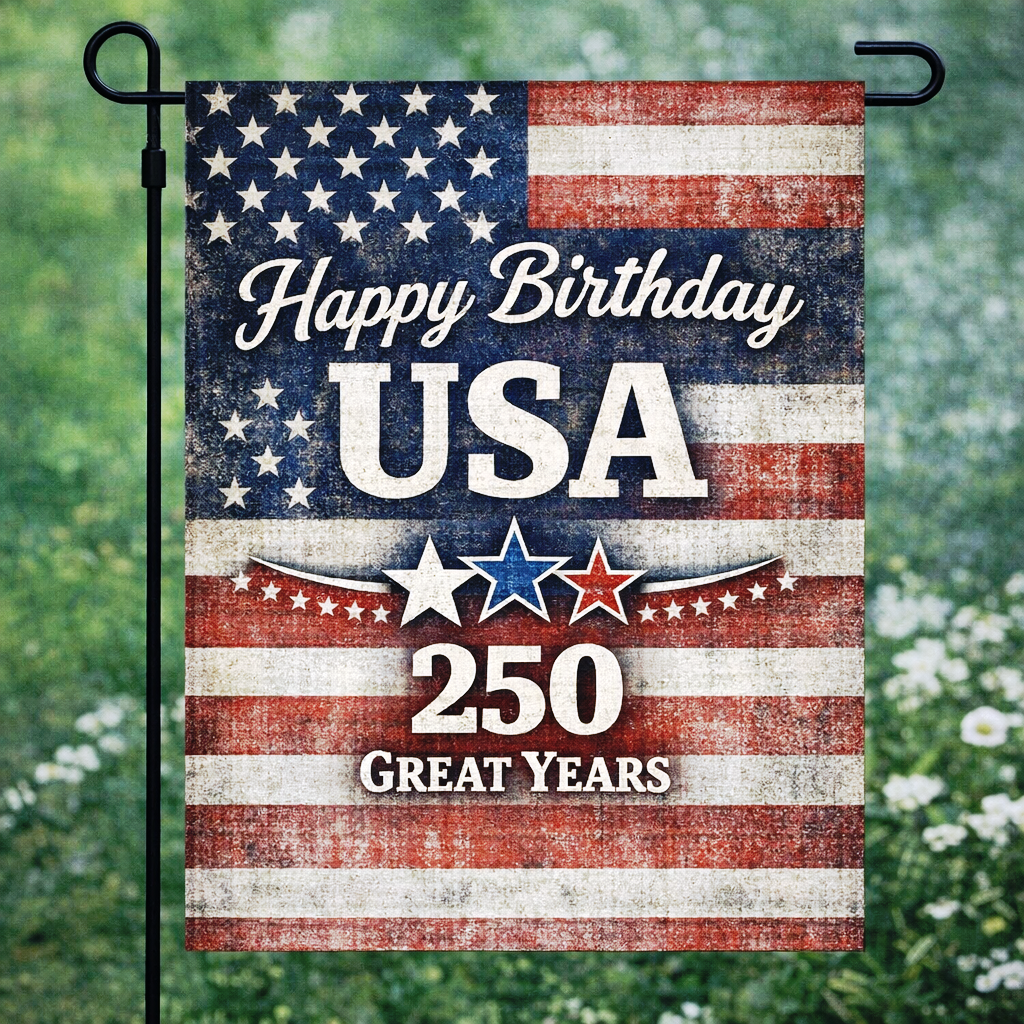250th Anniversary Happy Birthday USA America Garden Flag sgf527 Double Sided Deluxe Flag 3ply 600 Denier 110 Knitted Polyester SGF527
