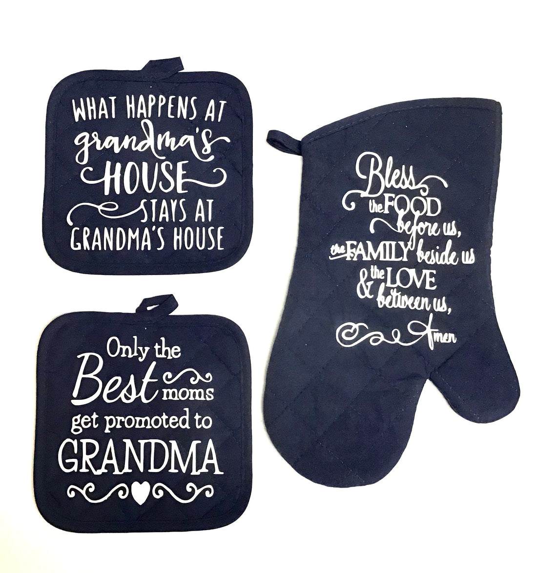 3 Piece Grandma Gift Set - 2 Pot Holders - 1 Oven Mitt - Hot Pads - Mother's Day Gift - Kitchen Decor - FREE SHIPPING - Grandmother - Baking