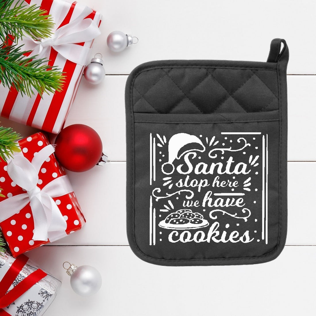 Santa Stop Here We Have Cookies - Pot Holder - Oven Mitt - Hot Pad - Polyester & Neoprene - Christmas - Teacher - Mother's Day