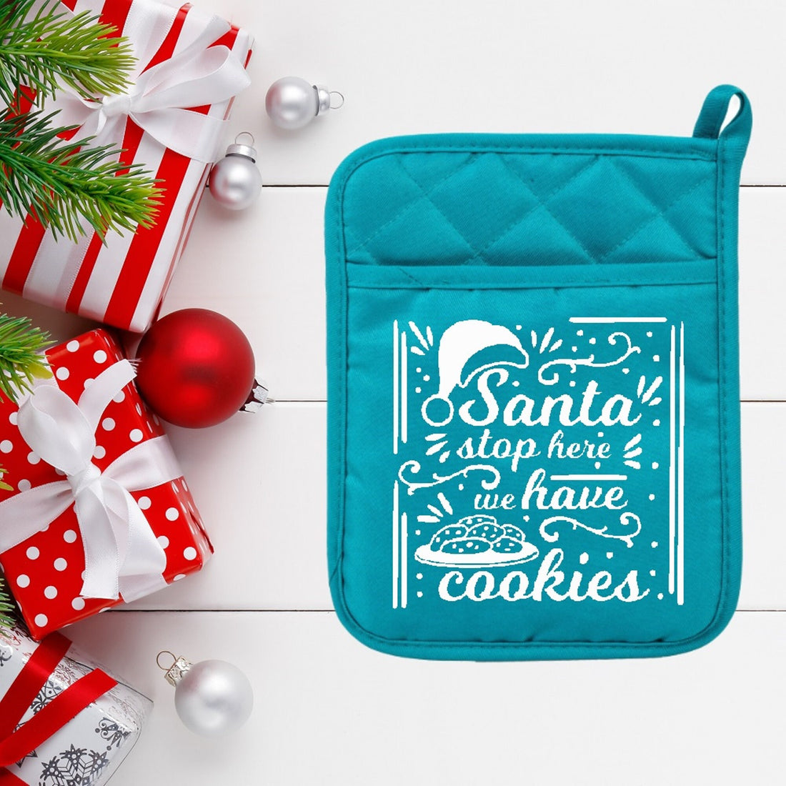 Santa Stop Here We Have Cookies - Pot Holder - Oven Mitt - Hot Pad - Polyester & Neoprene - Christmas - Teacher - Mother's Day