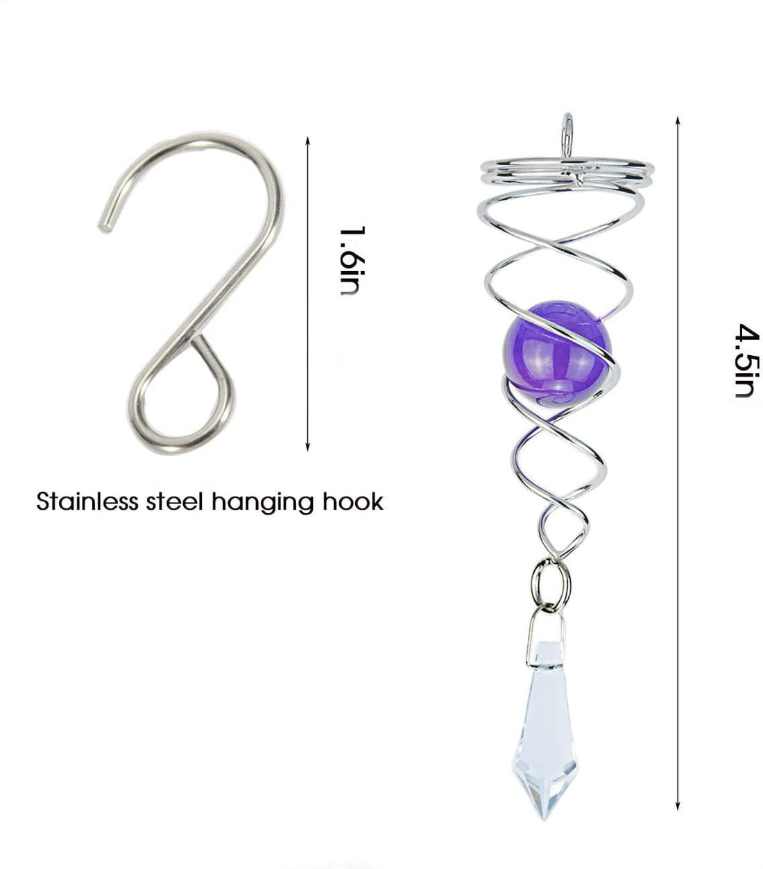 6 Inch Chiseled Glass Gazing Ball Twister Wind Spinner Tail Stabilizer Stainless Steel with Crystal Wind Chime Ornament