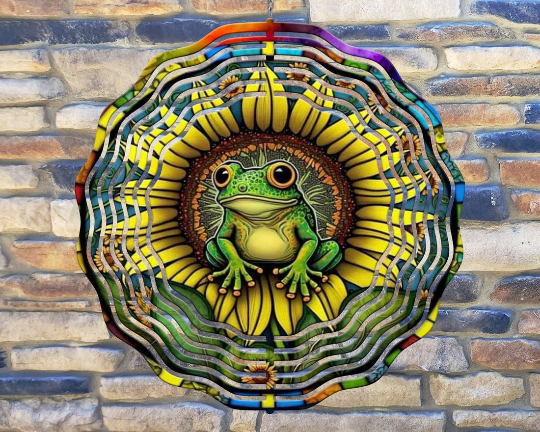 10 Inch Tie Dye Sunflower Frog Wind Spinner Yard Decor Aluminum Sublimated Garden Art Indoor Outdoor 3D Kinetic